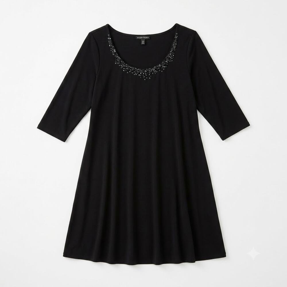 EILEEN FISHER 100% Silk Jersey Sequin Neck Dress Black Half Sleeve Womens Medium
